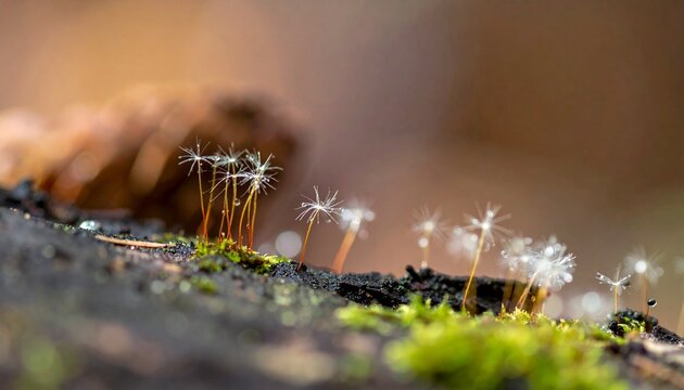 Close up of tiny mushrooms growing on mossy forest floor.