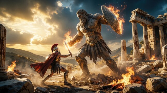 Mythical hero fights giant monster in ancient ruins. Brave warrior with sword battles colossal titan near greek temple. Epic battle scene with fire, dust, dramatic sunset sky. Fantasy combat between