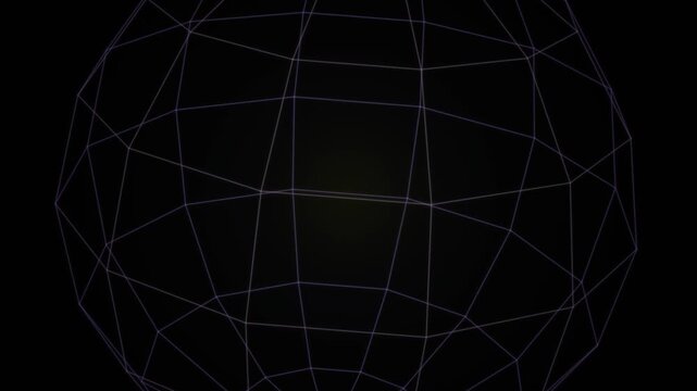 Purple wireframe sphere with grid pattern on dark background in seamless loop