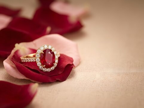 Elegant gold ring featuring a large oval ruby gemstone surrounded by a diamond halo, resting on soft red and pink rose petals on a textured beige fabric background with copy space.