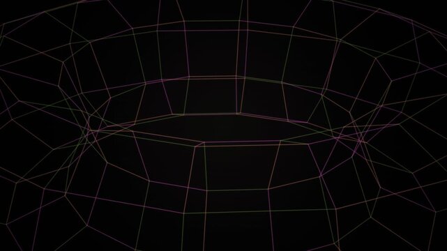 Looping abstract wireframe grid pattern with colorful glowing lines on a dark background