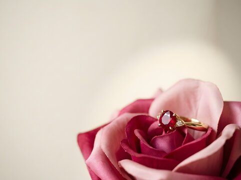 Elegant gold ring with faceted red ruby and small diamond accents resting inside pink and red silk rose petals, isolated on a soft cream neutral background with negative copy space.