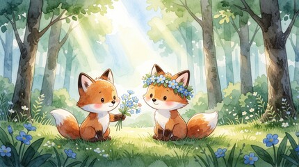 Naklejka premium Cute cartoon foxes in sunlit forest. One small fox gives blue flowers to another friend with flower crown. Sweet watercolor illustration shows animal friendship, kindness in green woodland. Perfect