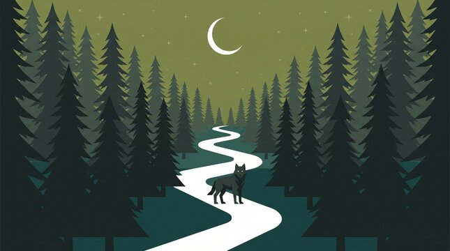 Mystic Night Forest Illustration. Lone Wolf Standing In Pine Woods At Night. Dark Green Forest Background. Minimalist Adventure Scene