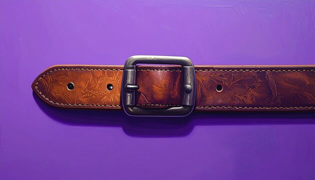 Close up of brown leather belt with metal buckle on purple background.