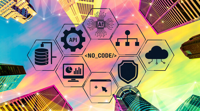 No-code development platform icons over city skyscrapers. Digital transformation and AI software automation concept. Futuristic smart city technology.
