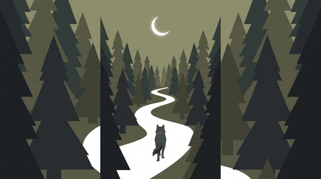 Minimalist vector illustration of howling wolf in snowy pine forest at night, flat design silhouette on winding path under crescent moon, winter landscape background