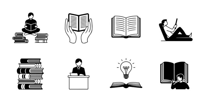 Person reading book stack of books and open book icons for learning and education themes.