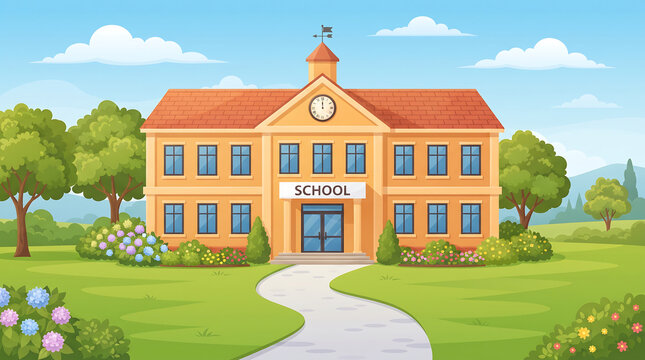 School building exterior with classic architecture, clock tower, "school" sign above entrance, green lawn, trees, bushes, and blue sky with clouds.