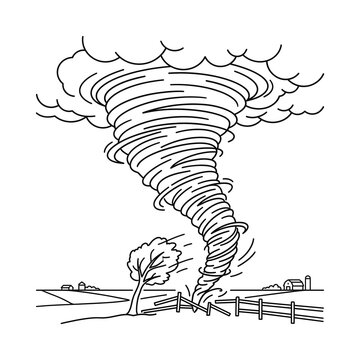 Powerful tornado destroying a farm fence and tree line art