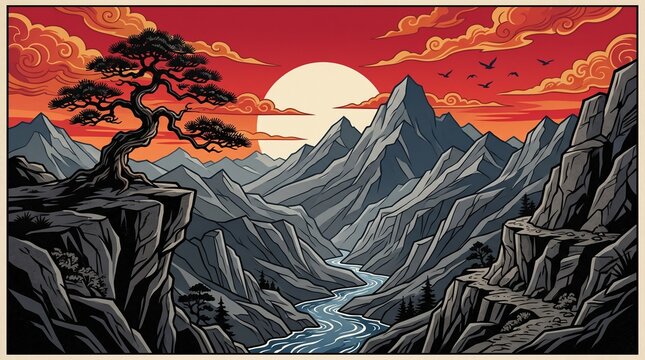 Vintage retro vector landscape with pine tree and sunrise. Illustration of mountain range, sunset clouds and flowing river. Elegant travel scene art.