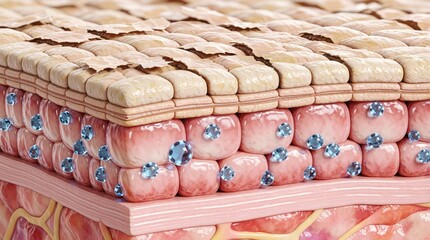 Obraz premium 3D medical illustration shows cross section of human skin layers. Damaged epidermis with cracked texture, dehydration. Blue water droplets represent moisture loss in stratum corneum. Detailed anatomy