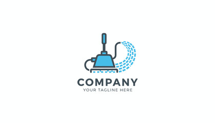 Fototapeta premium Carpet cleaning company logo featuring a blue professional vacuum machine spraying water, over a white background.