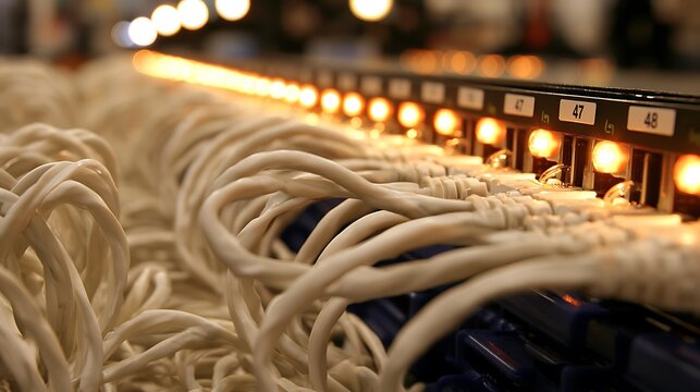 Network switch and network ethernet cables in modern server room data center. 3d illustration