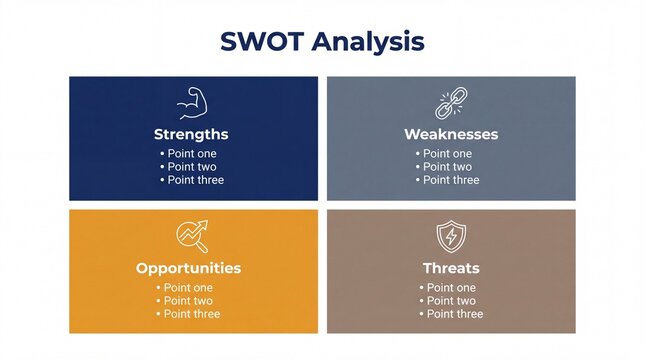 SWOT analysis four quadrant grid with strengths and opportunities