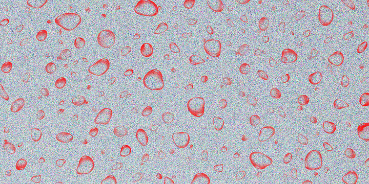 Abstract red water droplets on textured blue background. Liquid condensation pattern on grainy surface. Organic moisture bubbles for graphic design.