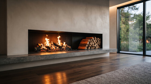 Modern living room featuring minimalist design elements with large fireplace hearth containing burning wood logs next to sliding glass doors showcasing forest garden view.