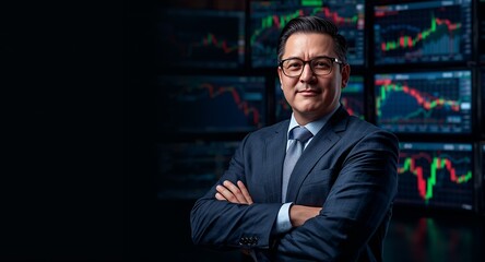 Fototapeta premium Confident businessman standing in front of stock market screens generated using AI representing financial expertise and trading. - Confident businessman standing in front of stock concept visual.
