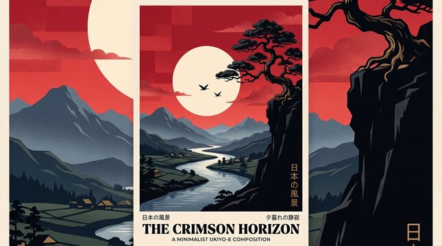 Japanese ukiyo-e style landscape poster, The Crimson Horizon minimalist art, red sun over mountain valley with bonsai tree