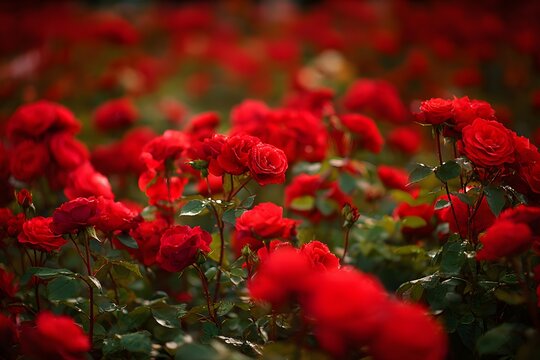 Vibrant red rose garden in full bloom with lush green foliage and dreamy bokeh, creating a romantic floral scene for wedding, Valentine's Day, spring and love designs