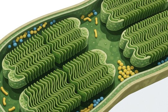 Detailed scientific illustration of green chloroplast organelle. Inside structure shows stacked thylakoid membranes forming grana. Starch granules, chlorophyll molecules inside plant cell. Biology