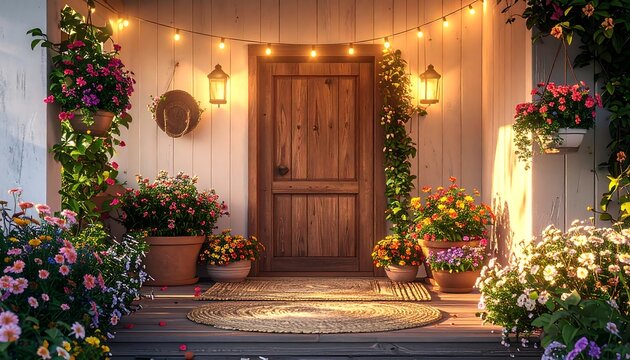 Cozy Rustic Porch Entrance with Blooming Flowers and String Lights