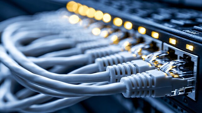 Network switch and network ethernet cables in modern server room data center. 3d illustration