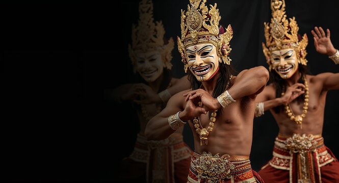 Thailands traditional masked Khon performers dancing showcasing cultural heritage and artistic expression. - Traditional masked Khon performers dance in Thailand showcasing cultural concept visual.