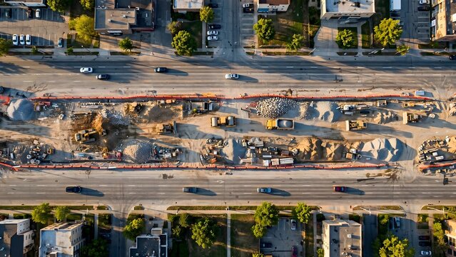 Aerial view of urban road construction site with heavy machinery and materials on city street