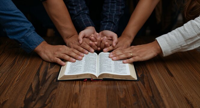 Christian group of people holding hands praying worship with Bible on wooden table devotional moment of faith and unity. - Believers unite in prayer sharing heartfelt worship and concept visual.