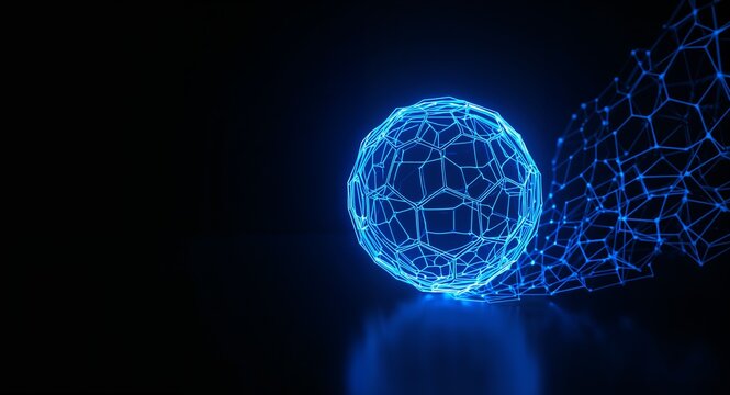 Glowing blue soccer ball in goal wireframe symbolizing goal setting and achievement in a dynamic low poly design. - Futuristic design emphasizes success strategy and focus visualizing concept.
