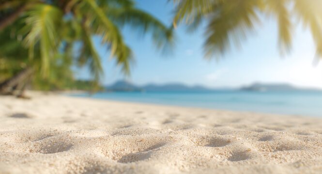 Sand with blurred palm trees and tropical beach bokeh background symbolizes summer vacation and travel concept. - Highlights the essence of relaxation and adventure offering a serene visual image.