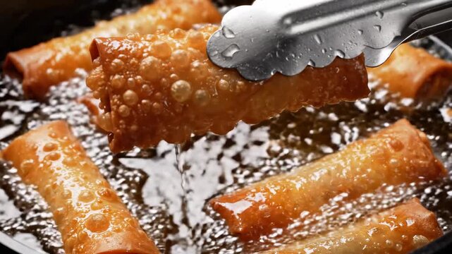 Crispy Golden Spring Rolls Deep-Frying in Bubbling Hot Oil, Ideal for Food Blogs and Restaurant Menus.