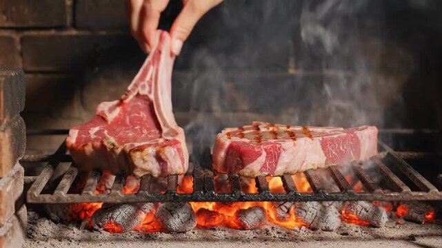 Sizzling BBQ Experience: Hand Placing Raw T-bone Beef Steak on Hot Charcoal Grill with Flames, Ideal for Culinary Content and Restaurant Promotions.