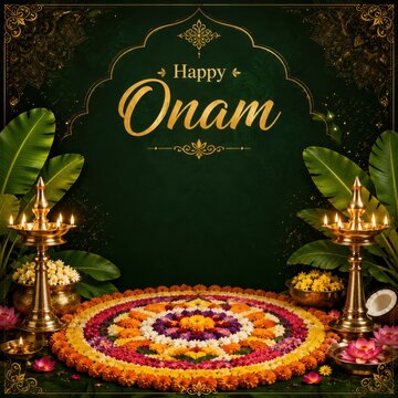 Happy Onam Wishes: Elegant Pookalam, Traditional Lamps, and Golden Ornate Green Background