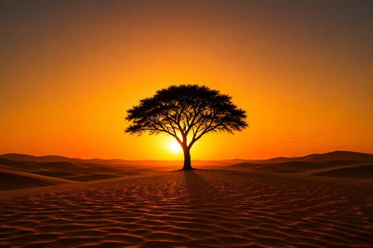 silhoutte of a lone tree at sunset in the desert landscape