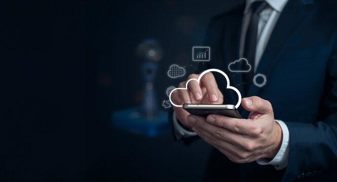 Photo realistic as Cloud computing and mobile technology with smartphone and cloud icons - Vector illustration of cloud computing integrated with mobile technology featuring smartphone concept.