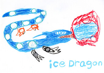 Cute ice dragon breathing frost breath, hand-drawn colorful crayon child art style vector illustration