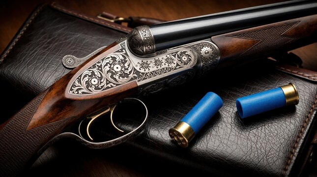 Ornate double barrel shotgun with engraved metal receiver, polished wood stock rests on dark leather case. Two blue shotgun shells lie beside luxury firearm. Antique hunting weapon displays fine