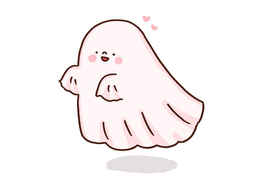 Cute pink ghost floating with a smile, friendly halloween monster or spooky concept