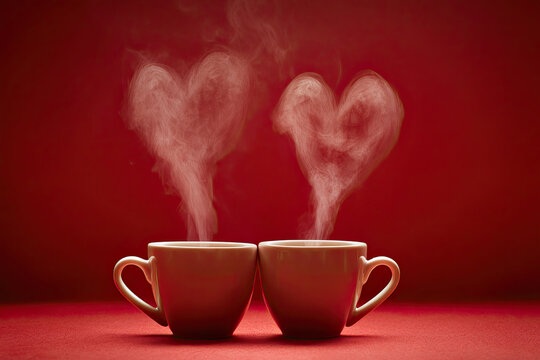 Cups of tea or coffee with steam in two heart shape on red background. Valentine's day celebration or love concept. 