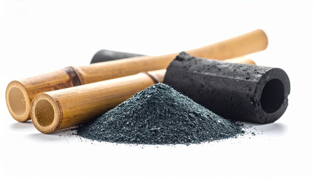 Bamboo charcoal powder and traditional tubes on white background.