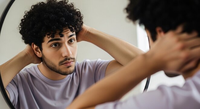 Contemplative young man with curly hair looking at himself in the mirror reflecting self doubt and introspection in a modern home setting for mental health awareness