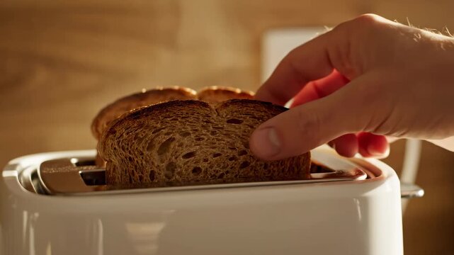 Freshly Toasted Whole Grain Bread Popping Out of a White Toaster in a Warm Kitchen Setting, Ideal for Breakfast Concepts and Healthy Eating Content.
