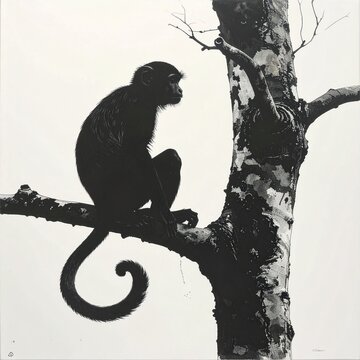 Black and white monkey perched on a tree branch.