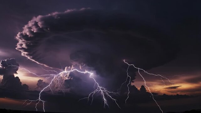 Massive supercell thunderstorm with dramatic lightning strikes lighting up dark dramatic clouds in a severe weather phenomenon.