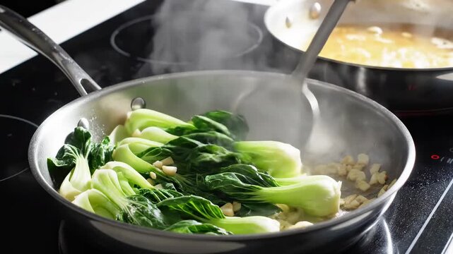 Sizzling Fresh Bok Choy Saut&eacute;ing in a Stainless Steel Pan with Rising Steam, Ideal for Culinary and Healthy Eating Content.