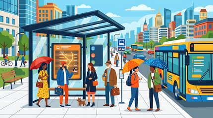 Fototapeta premium Diverse commuters with umbrellas wait at a city bus stop shelter on a rainy day, with urban buildings in the background