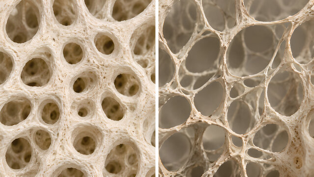 Osteopenia bone comparison medical illustration showing normal anatomy versus reduced trabecular density in a pre-osteoporosis concept for healthcare, radiology, medical and patient education