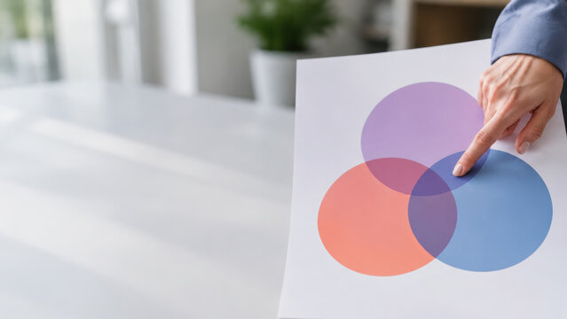 Executive report template with overlapping color circle diagram and pointing hand illustrating business analysis, planning, and presentation